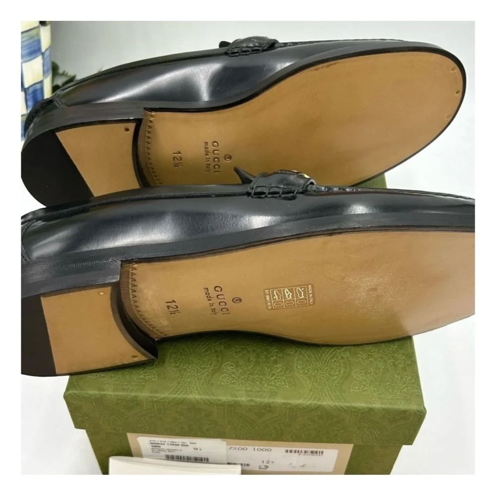 Gucci gold logo embellished leather loafers size 12.5 made in Italy